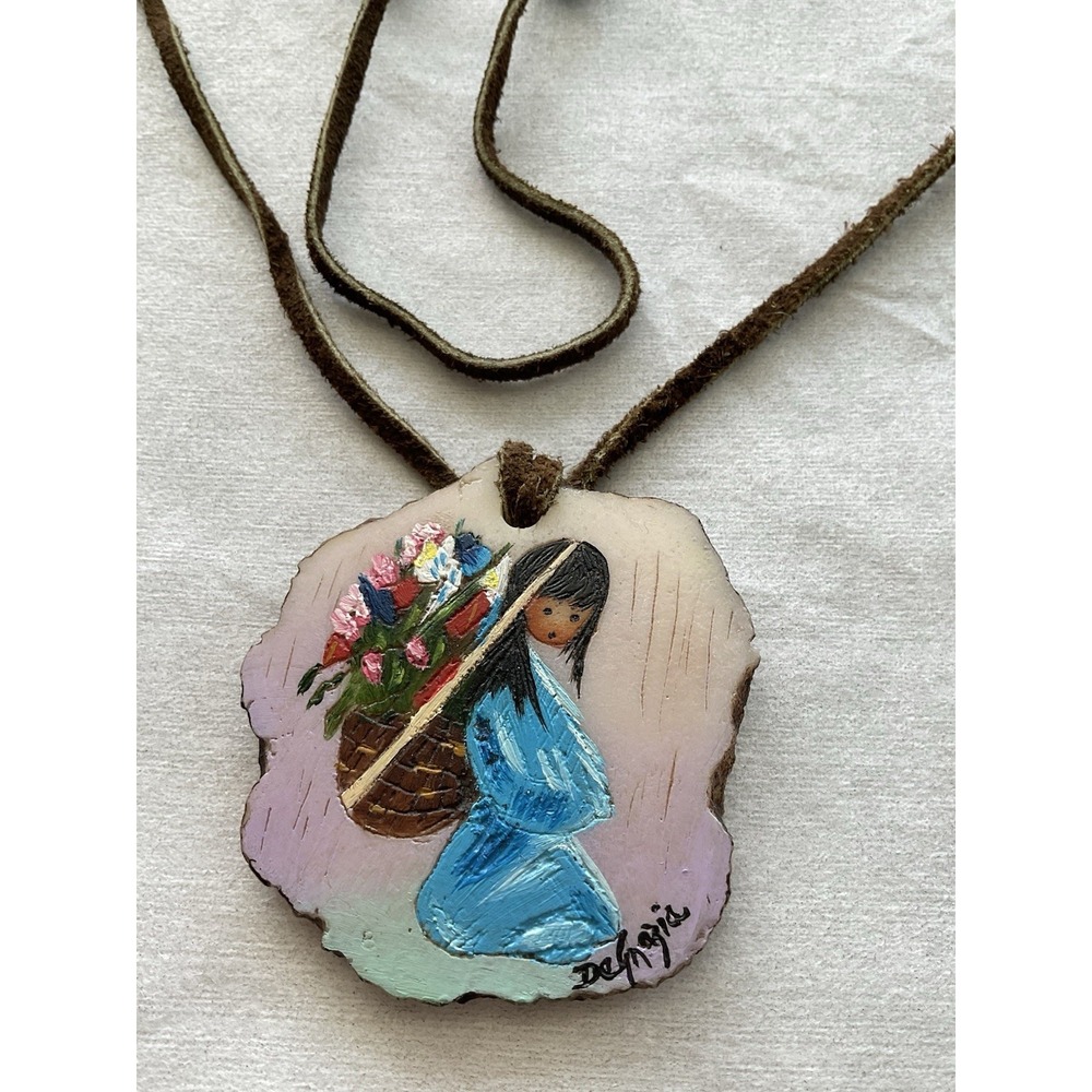 Vintage Southwestern De Grazia hand-painted pendant necklace Leather Chord